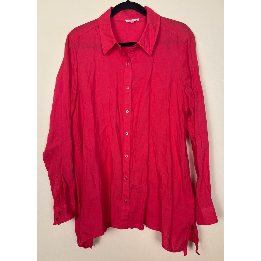 EILEEN FISHER 100% Organic Linen Button Down Shirt Regency Red Women Size Medium - Picture 2 of 10
